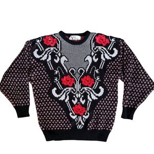 Vintage Western Connection Novelty Knit Sweater Rose Floral Pattern Medium